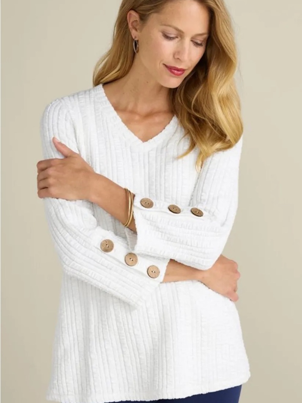 Soft Surroundings Ivory Pearl Ribbed Knit V-Neck Sweater with Button Back